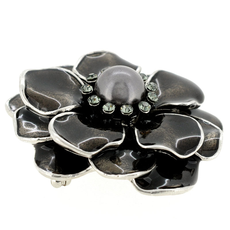 Black Enamel Pearl Flower Brooch/Pendant