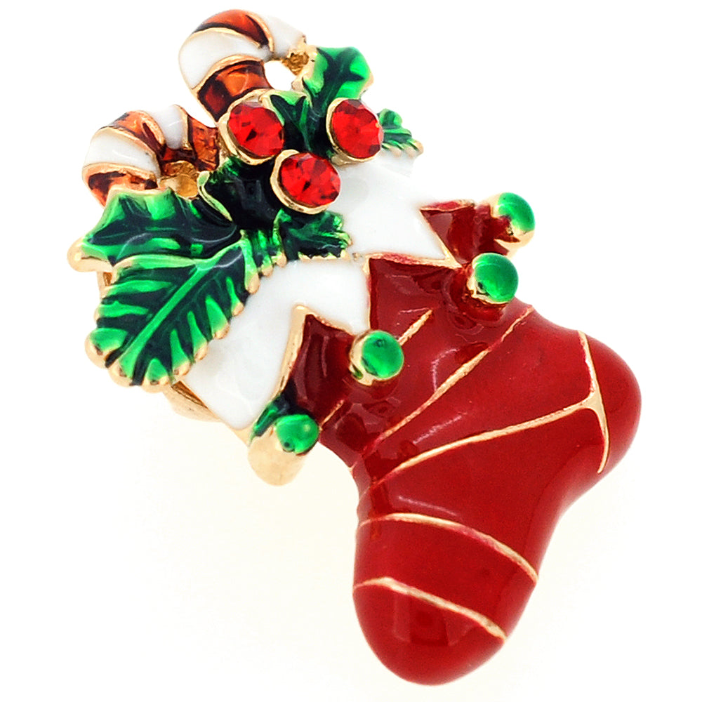 Red Stocking with Ornaments Swarovski Crystal Christmas Lapel Pin