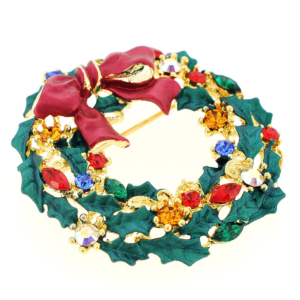 Multicolor Christmas Bow Wreath Swarovski Crystal Pin Brooch