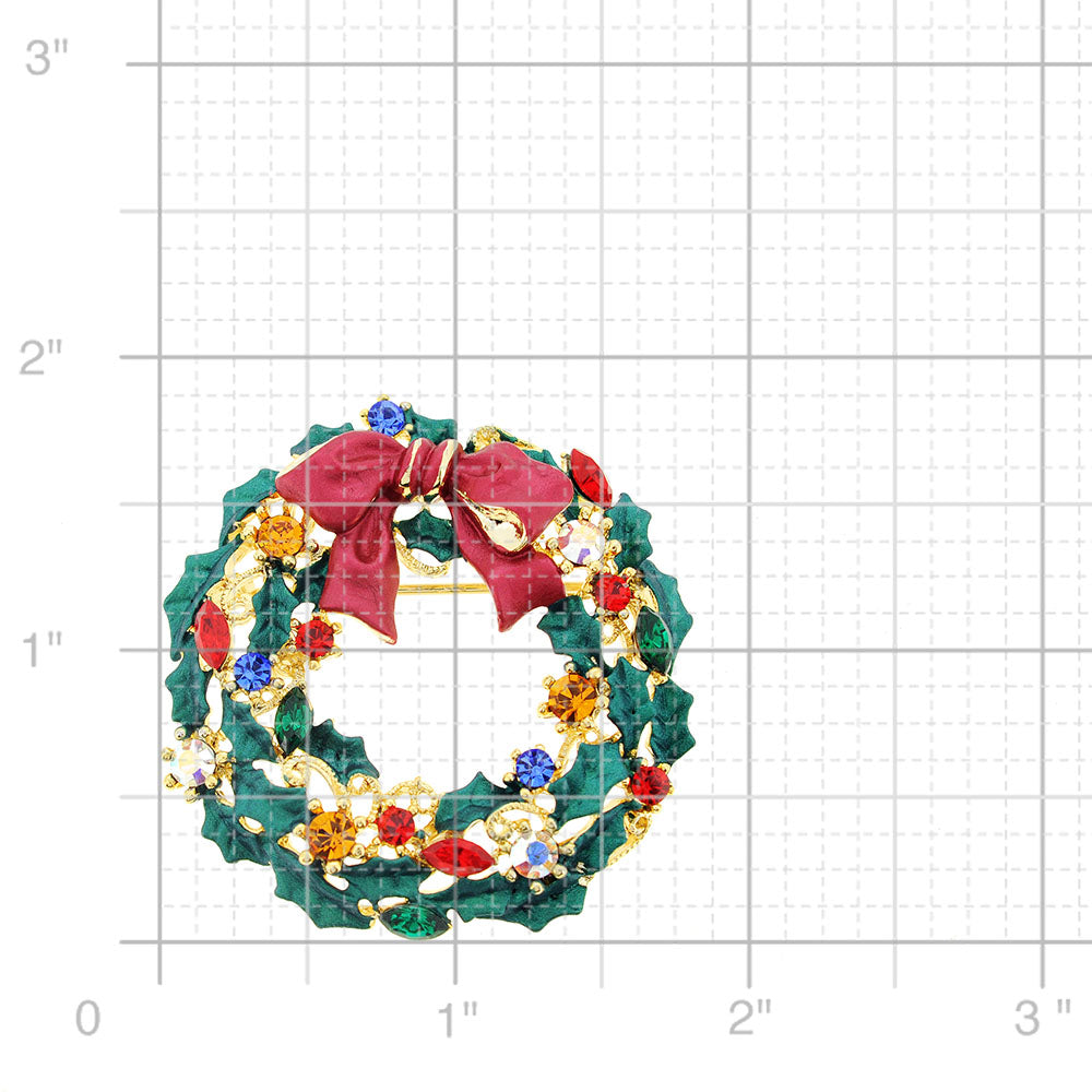 Multicolor Christmas Bow Wreath Swarovski Crystal Pin Brooch
