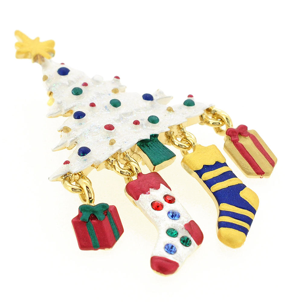 White Christmas Tree Stockings Swarovski Crystal Pin Brooch