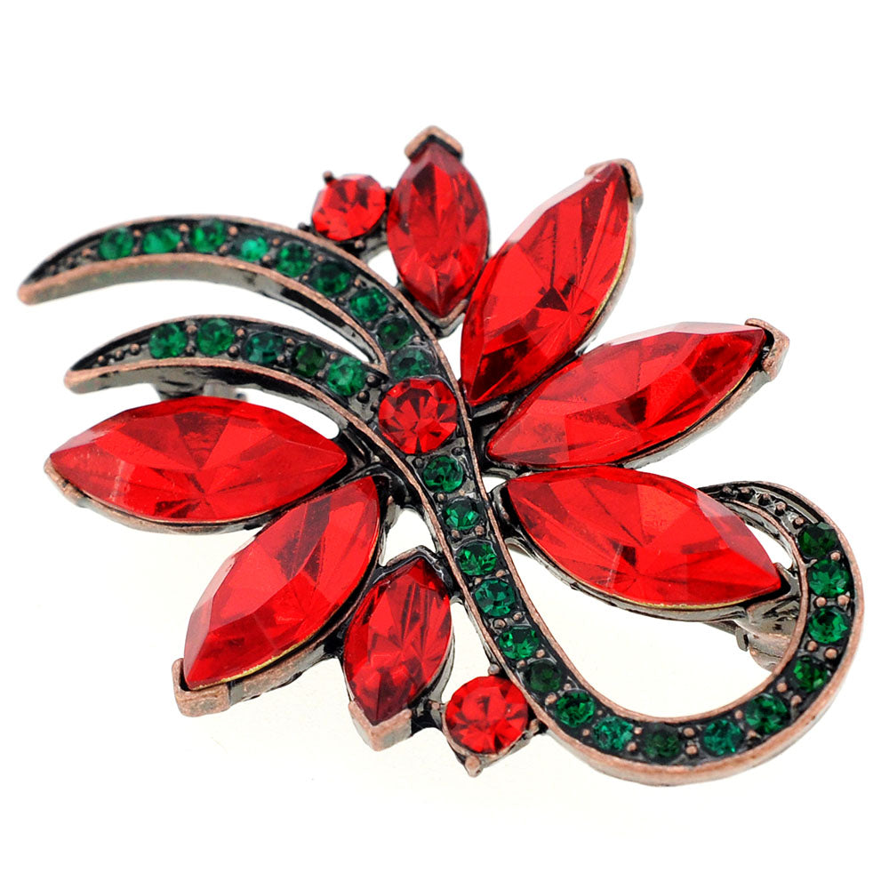 Red Christmas Poinsettia Flower Crystal Pin Brooch