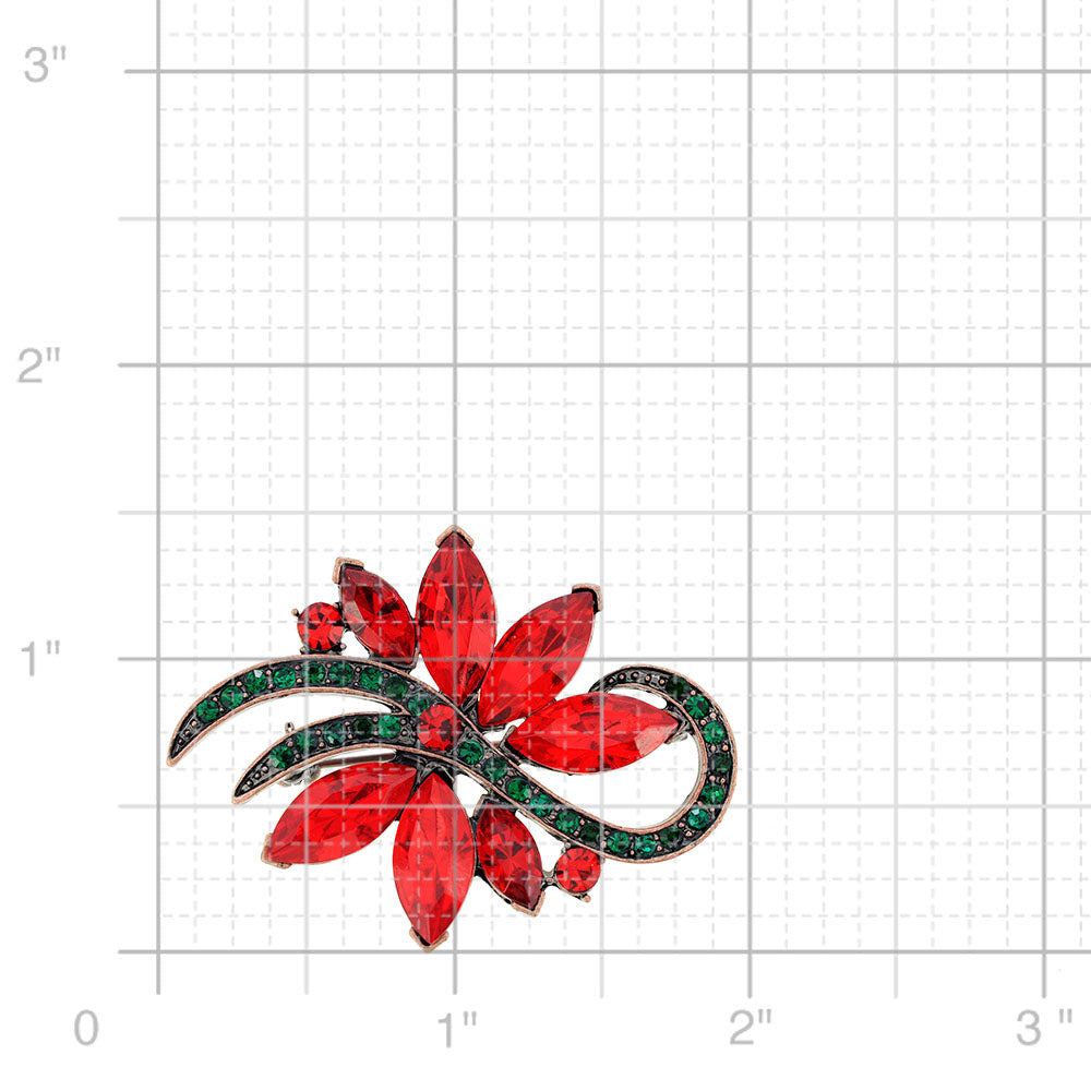 Red Christmas Poinsettia Flower Crystal Pin Brooch