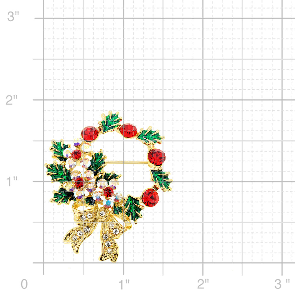 Multicolor Christmas Wreath Crystal Brooch Pin