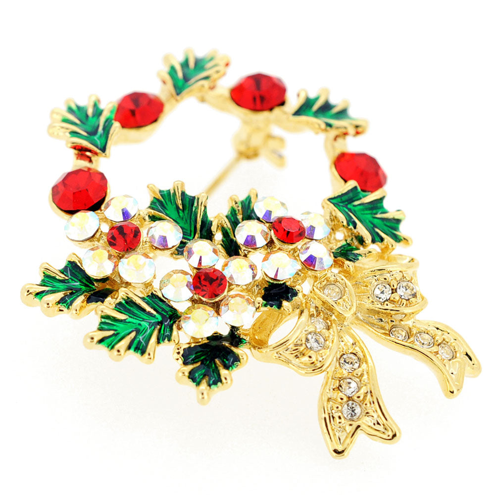 Multicolor Christmas Wreath Crystal Brooch Pin