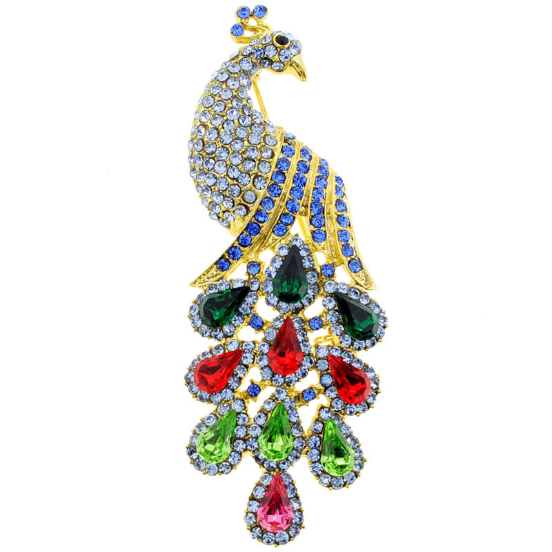 Multicolor Golden Peacock Crystal Pin Brooch