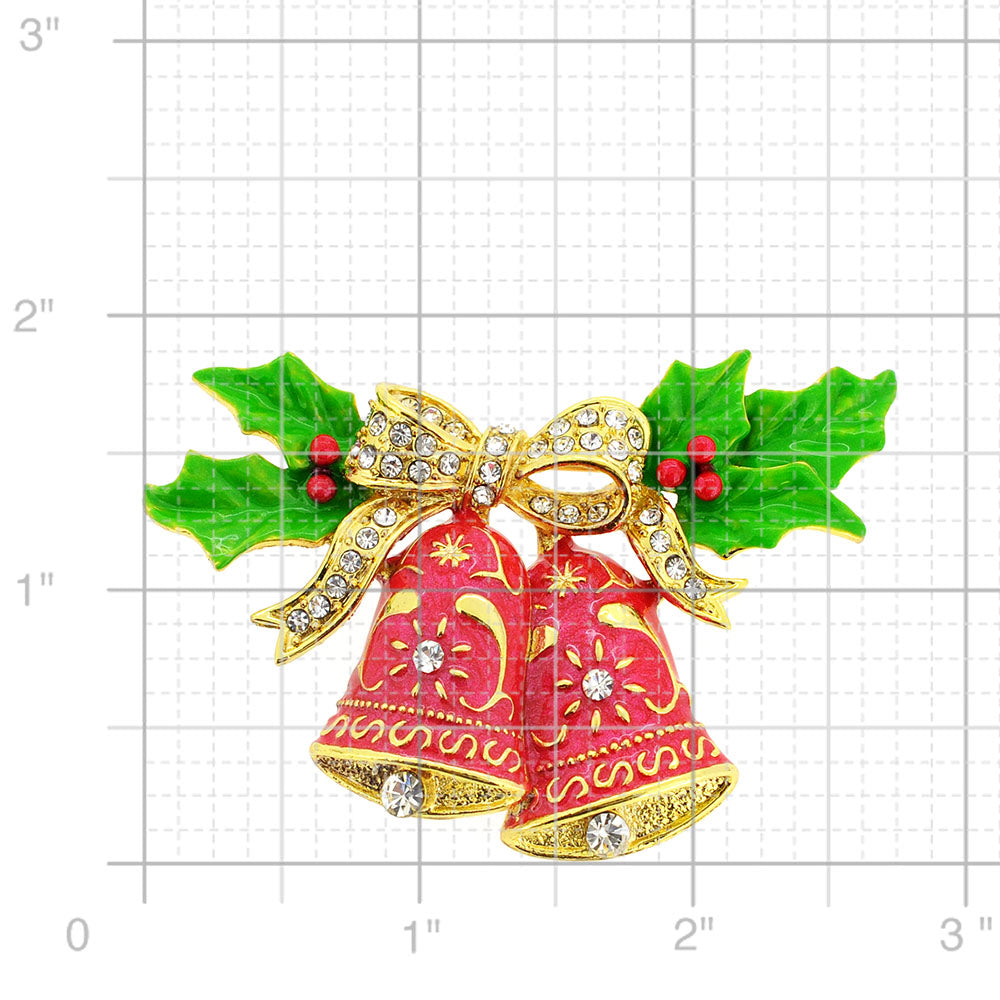 Red Christmas Bells with Bow & Holly Crystal Pin Brooch