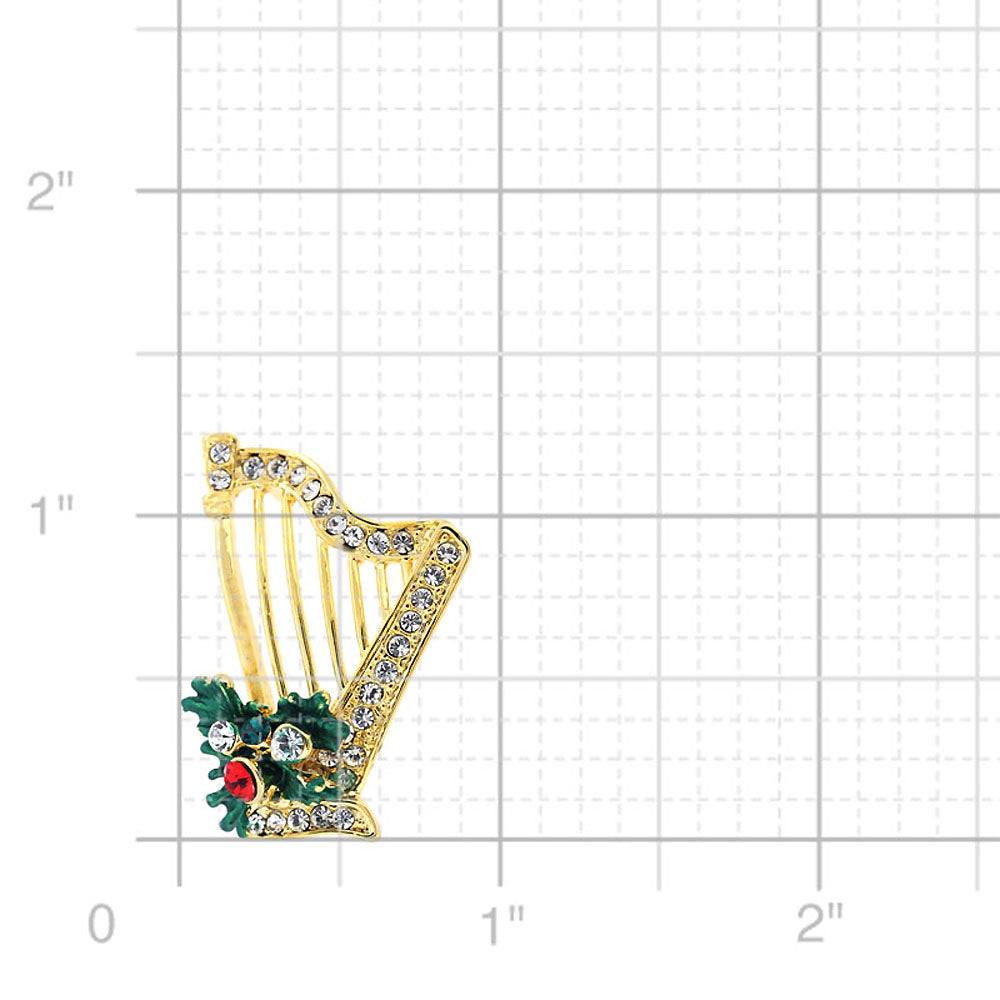 Golden Christmas Mistletoe Harp Crystal Lapel Pin