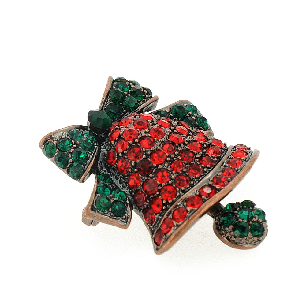 Red Christmas Bell with Green Bow Crystal Pin Brooch