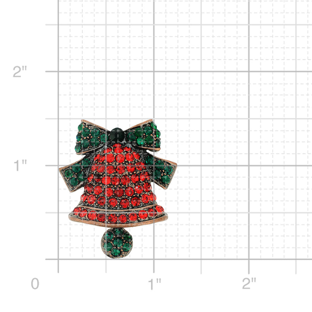 Red Christmas Bell with Green Bow Crystal Pin Brooch