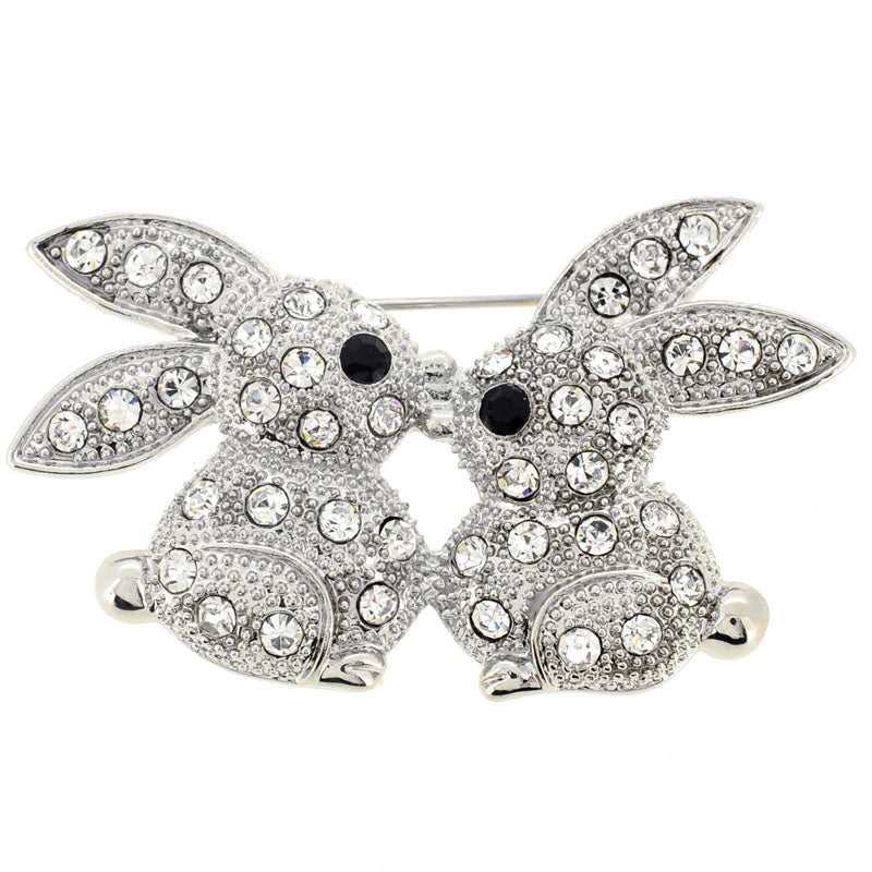 Silver Crystal Kissing Bunny Easter Brooch Pin