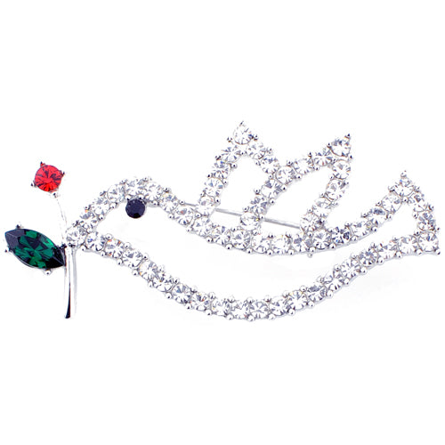 Crystal Dove With Red Rose Bird Pin Brooch