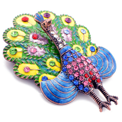 Multicolor Emerald Enamel Peacock Brooch Pin