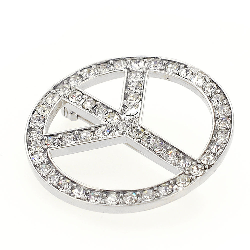 Silver Chrome Peace Sign Crystal Pin Brooch