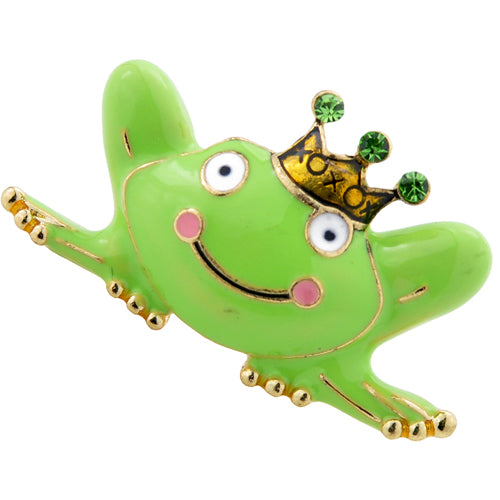 Green Enamel Frog with Crown Pin Brooch