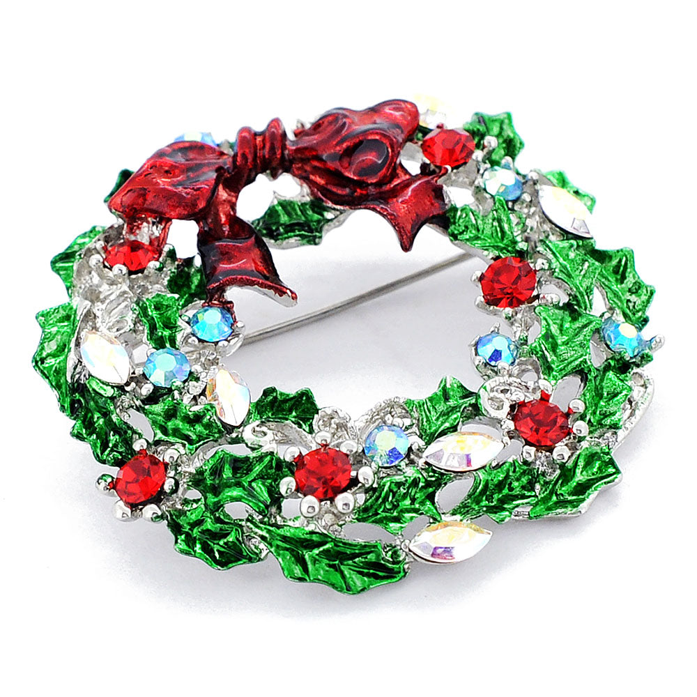 Red Bow Christmas Wreath Crystal Pin Brooch