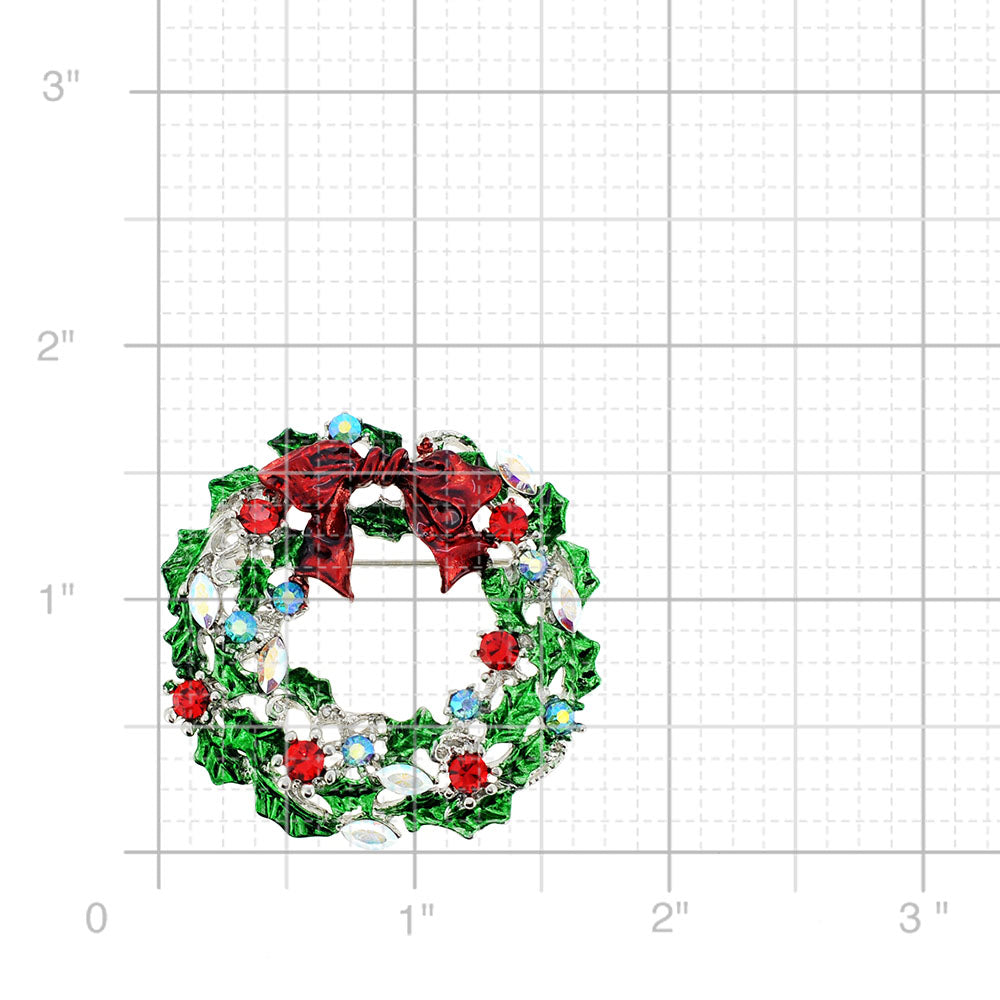 Red Bow Christmas Wreath Crystal Pin Brooch