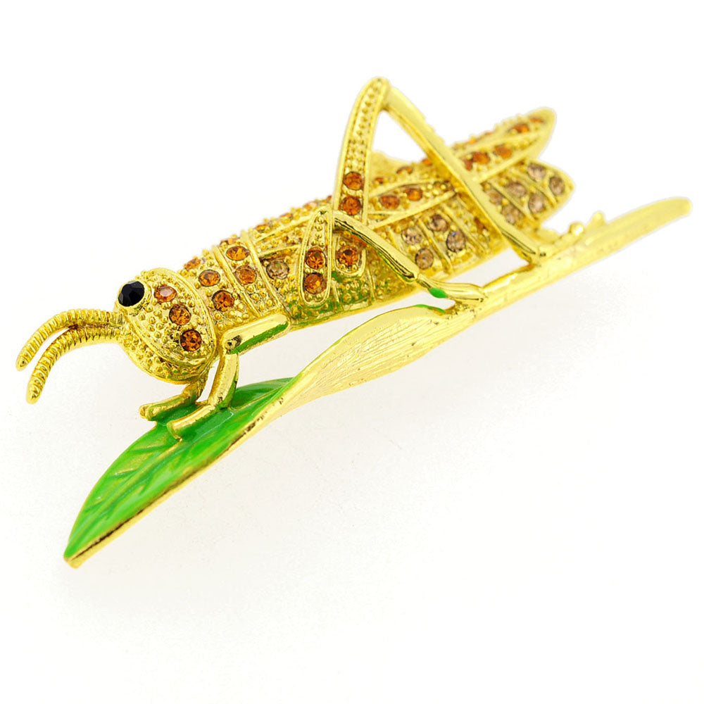 Golden Grasshopper Crystal Brooch Pin