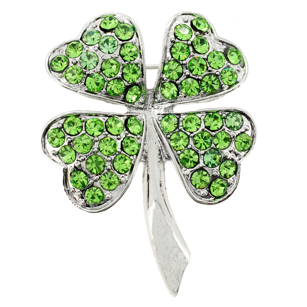 Bright Green St. Patrick's Day Four Leaf Clover Crystal Pin Brooch