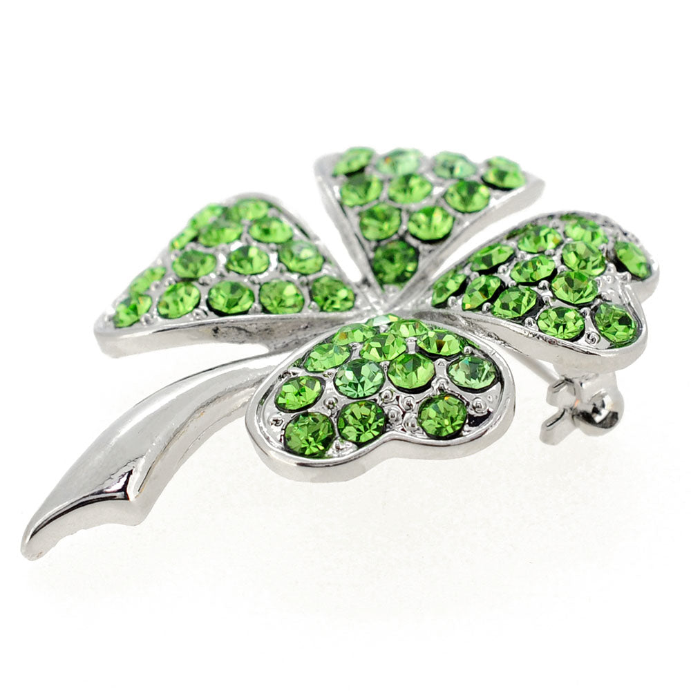 Bright Green St. Patrick's Day Four Leaf Clover Crystal Pin Brooch