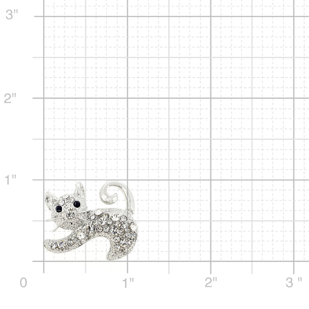 Silver Cat Crystal Pin Brooch