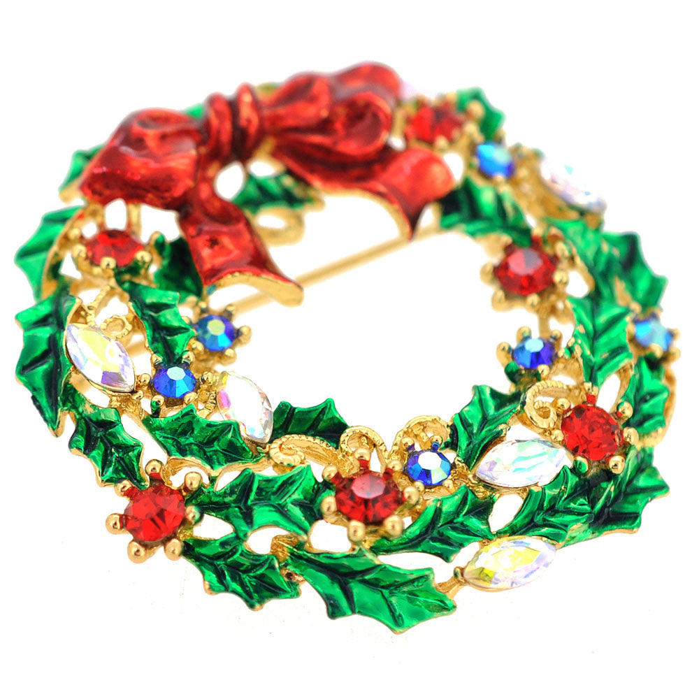 Multicolor Christmas Bow Wreath Swarovski Crystal Pin Brooch