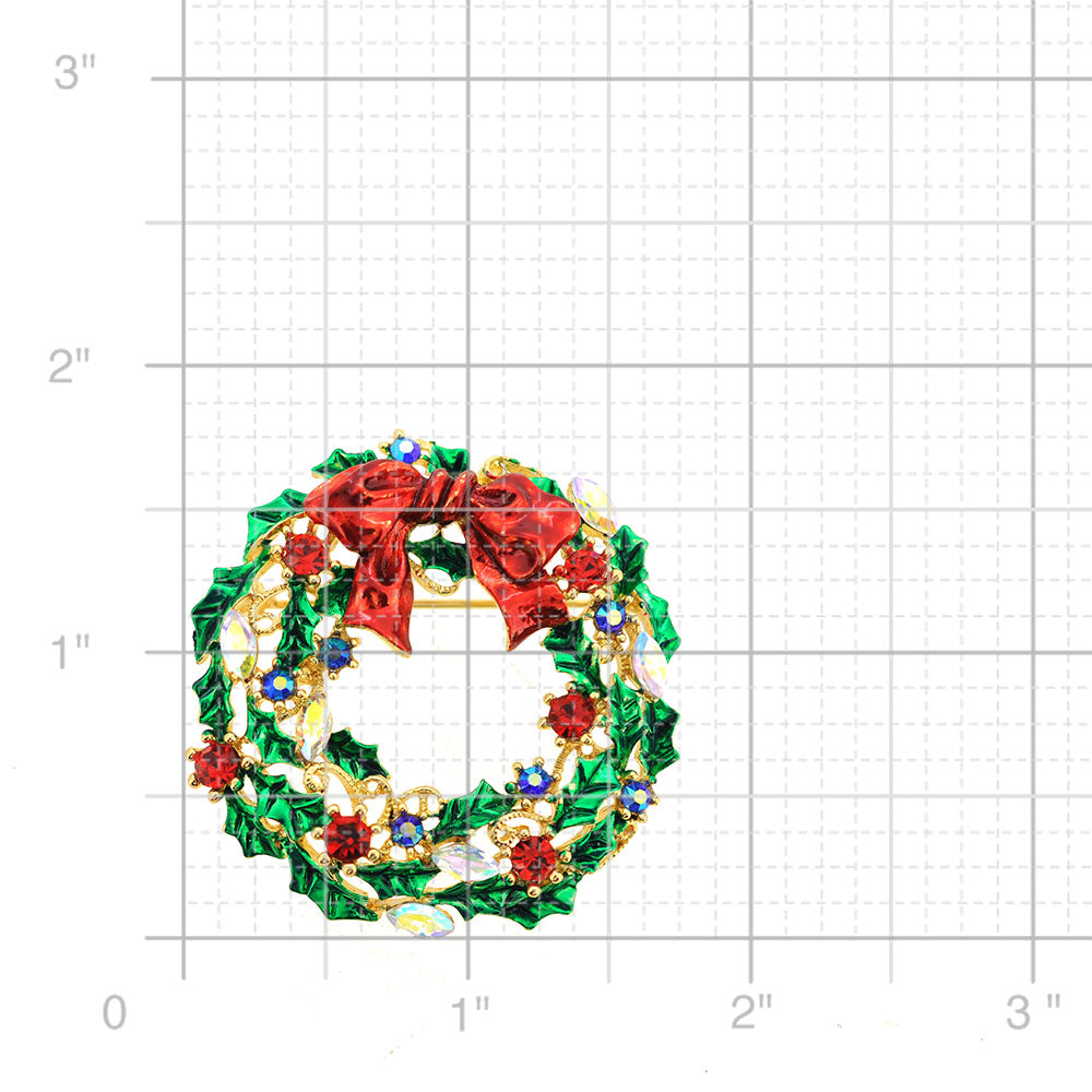 Multicolor Christmas Bow Wreath Swarovski Crystal Pin Brooch