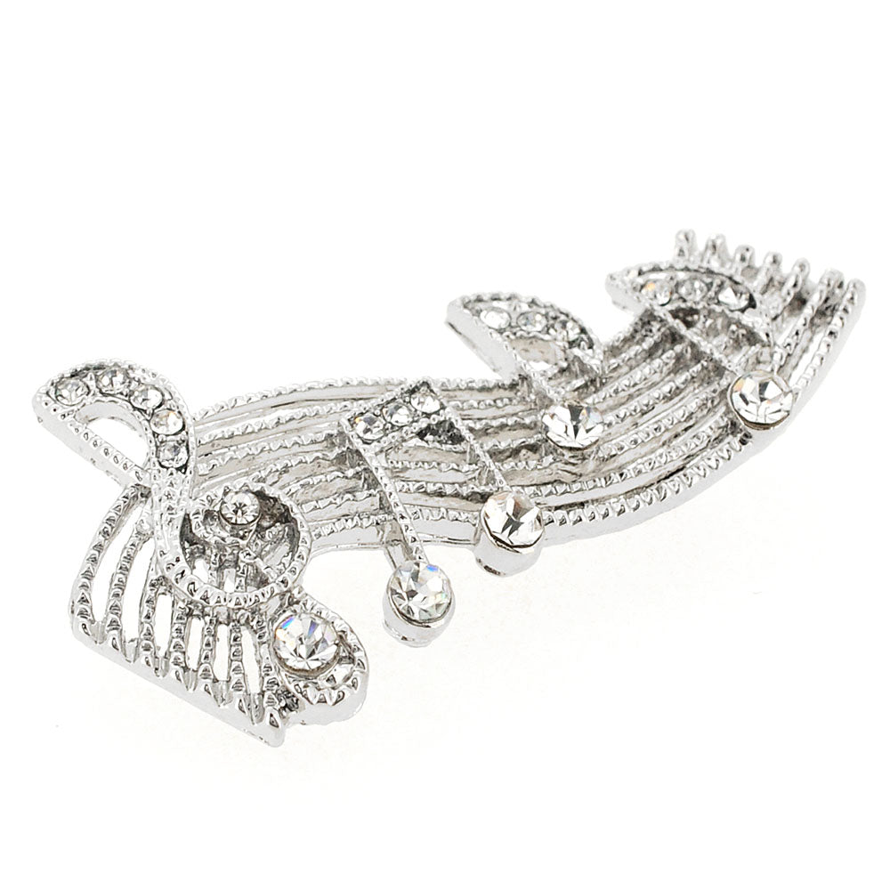 Silver Chrome Sheet Music Note Crystal Pin Brooch