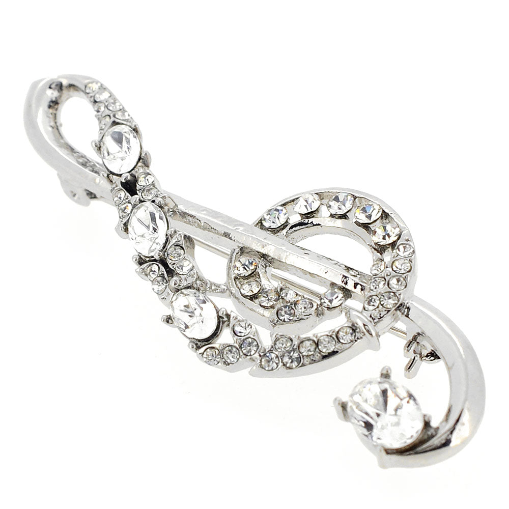 Silver Chrome Music Note Crystal Pin Brooch