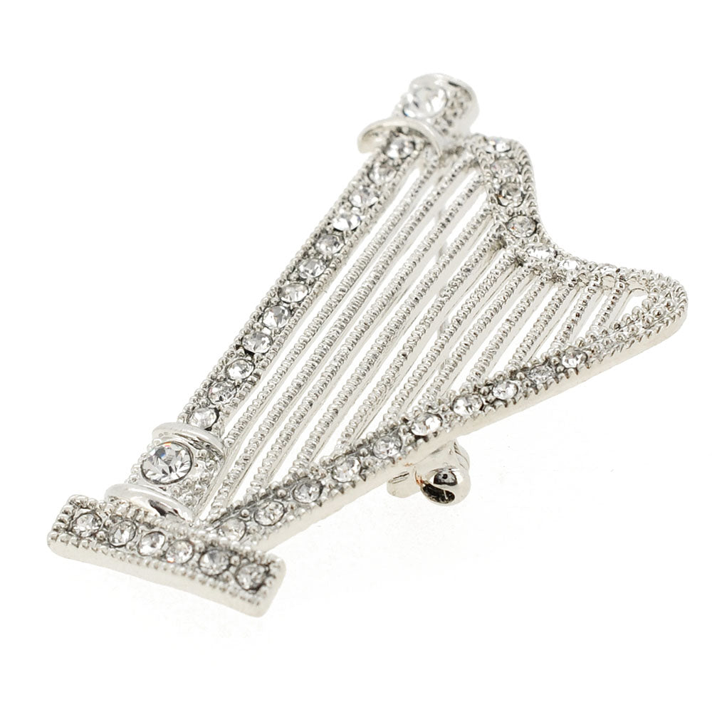 Chrome Harp Crystal Music Pin Brooch