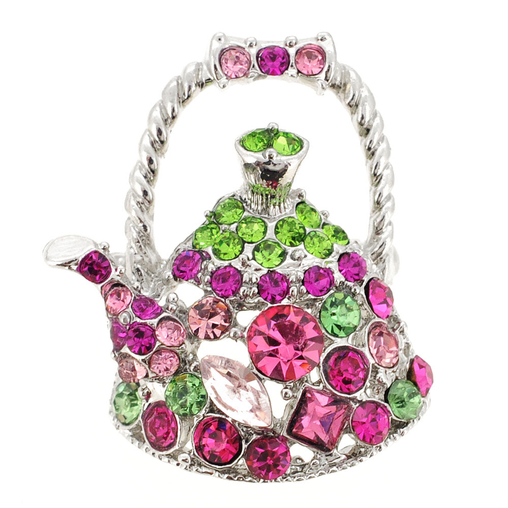 Multicolor Tea Kettle Crystal Pin Brooch