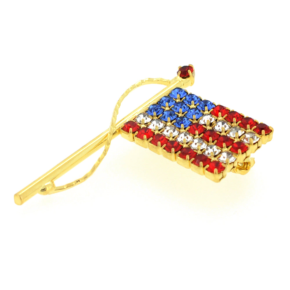 Golden American Flag Patriotic Crystal Pin Brooch