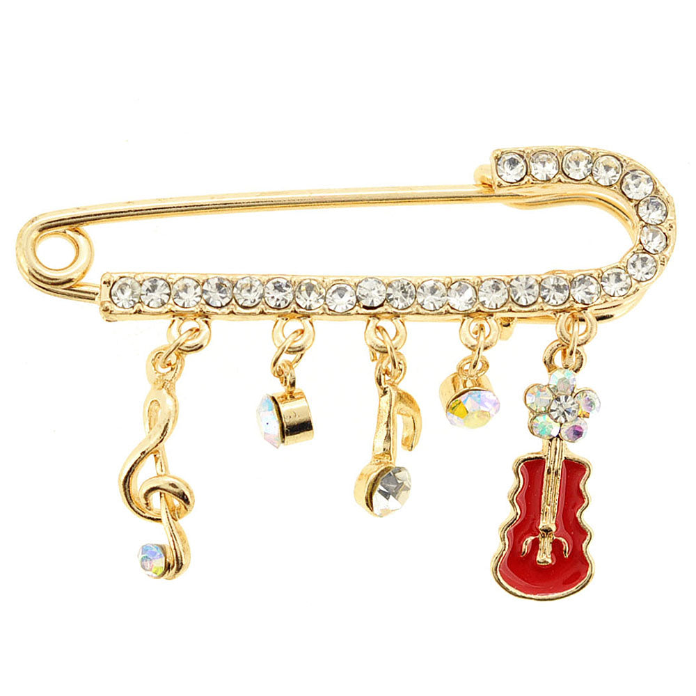Golden Music Note And Violin Charm Brooch Pin