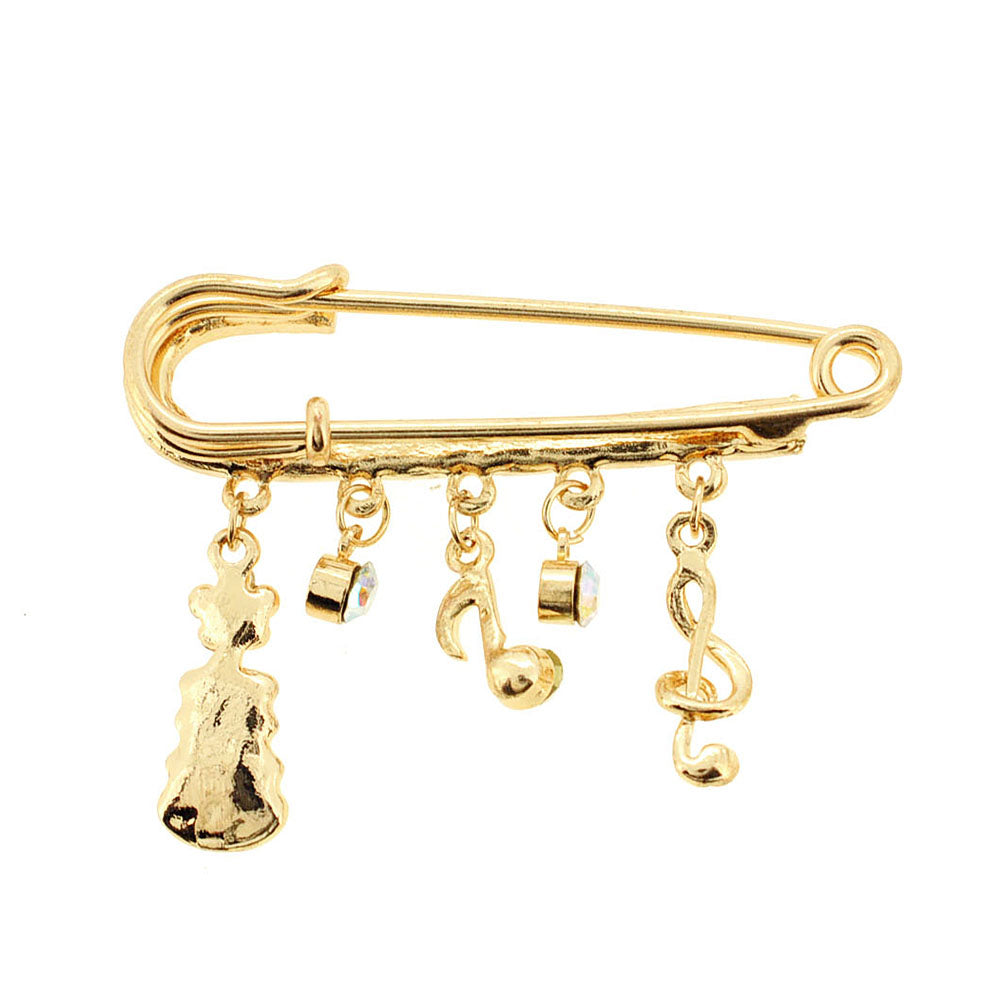 Golden Music Note And Violin Charm Brooch Pin