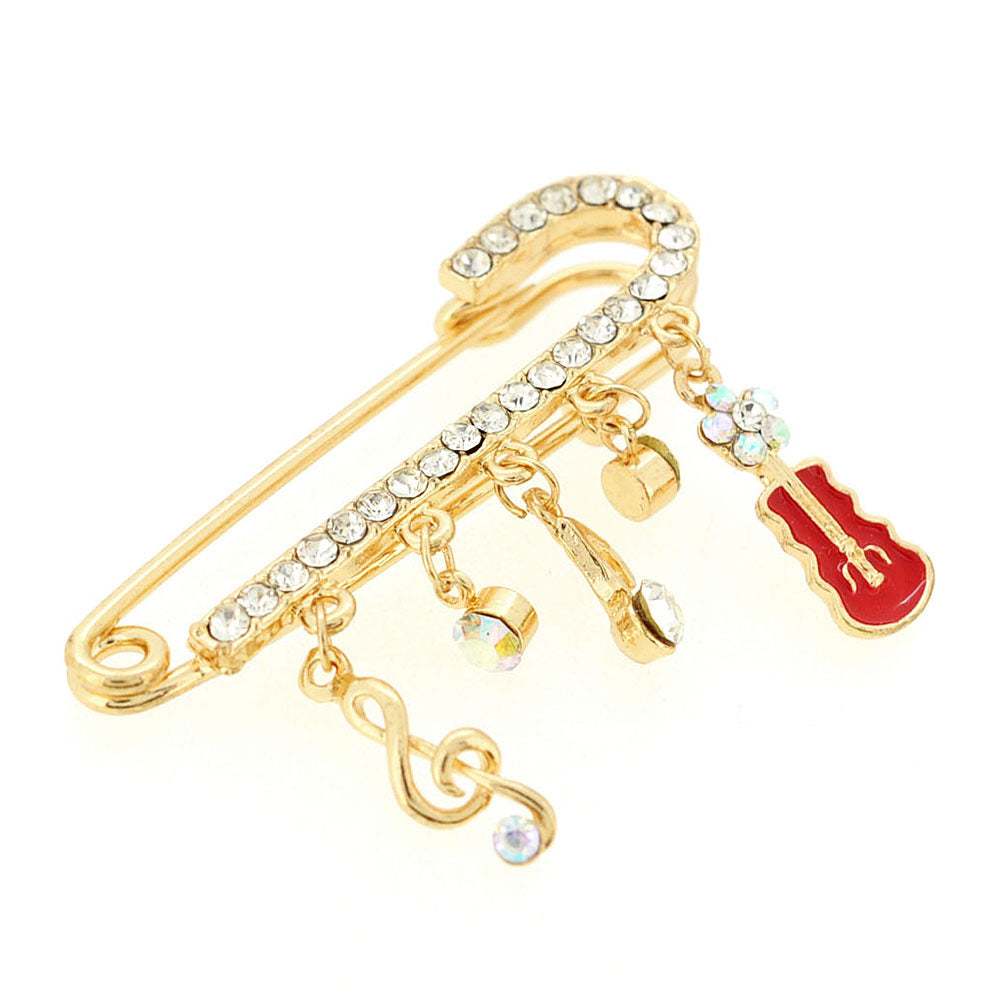 Golden Music Note And Violin Charm Brooch Pin