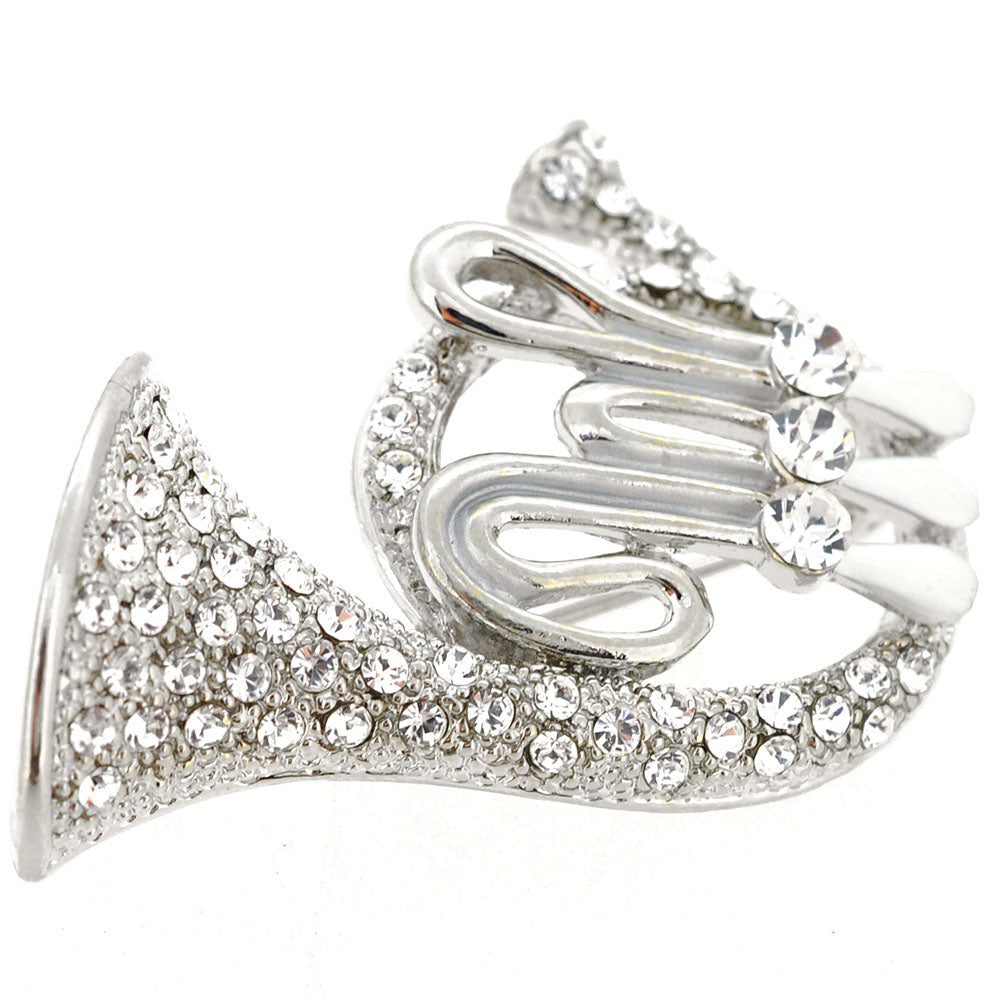 Silver Crystal French Horn Pin Brooch