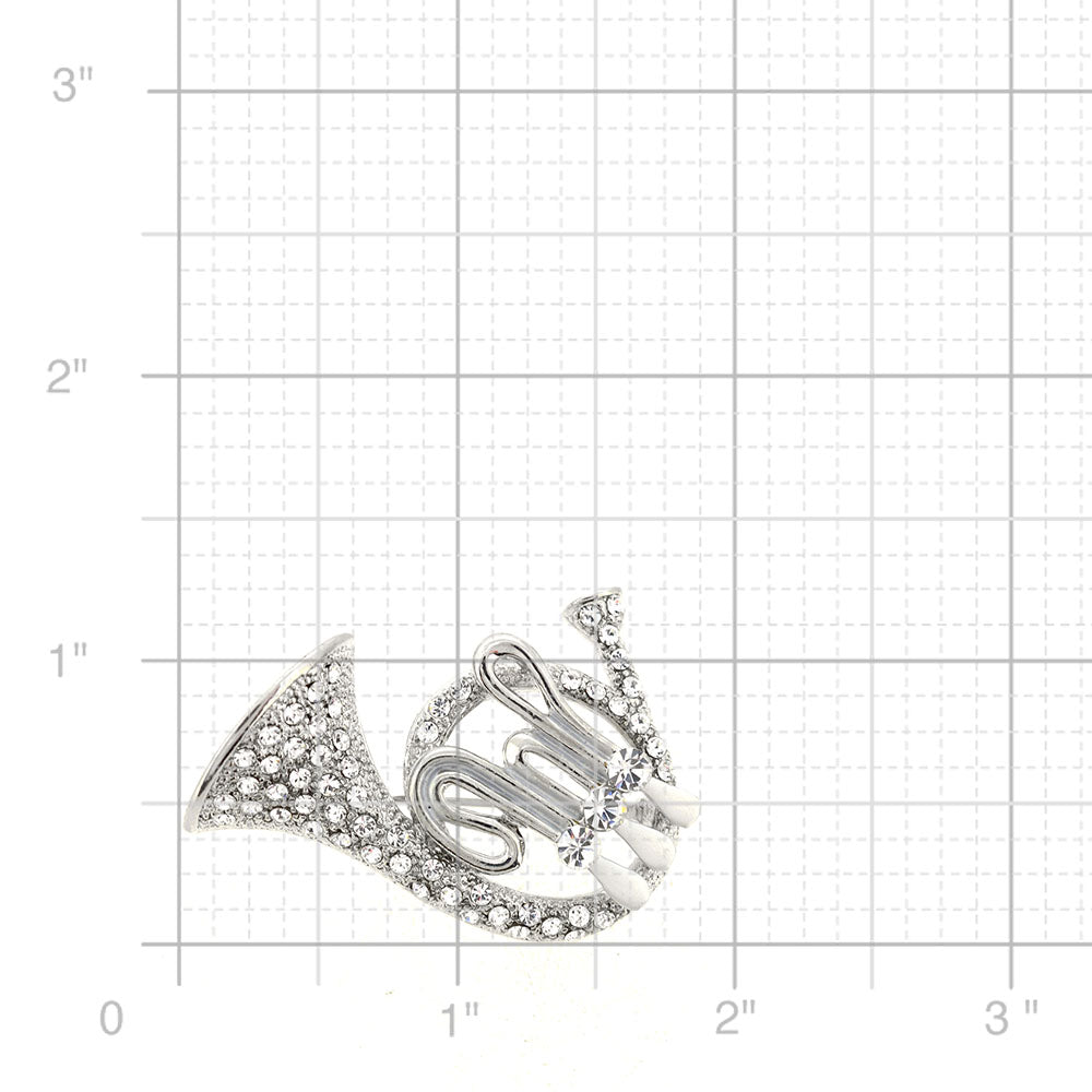 Silver Crystal French Horn Pin Brooch