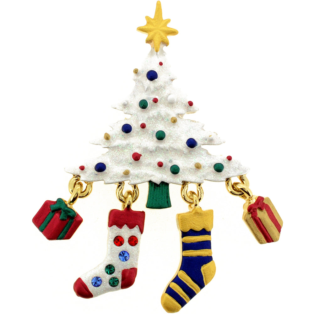White Christmas Tree Stockings Swarovski Crystal Pin Brooch