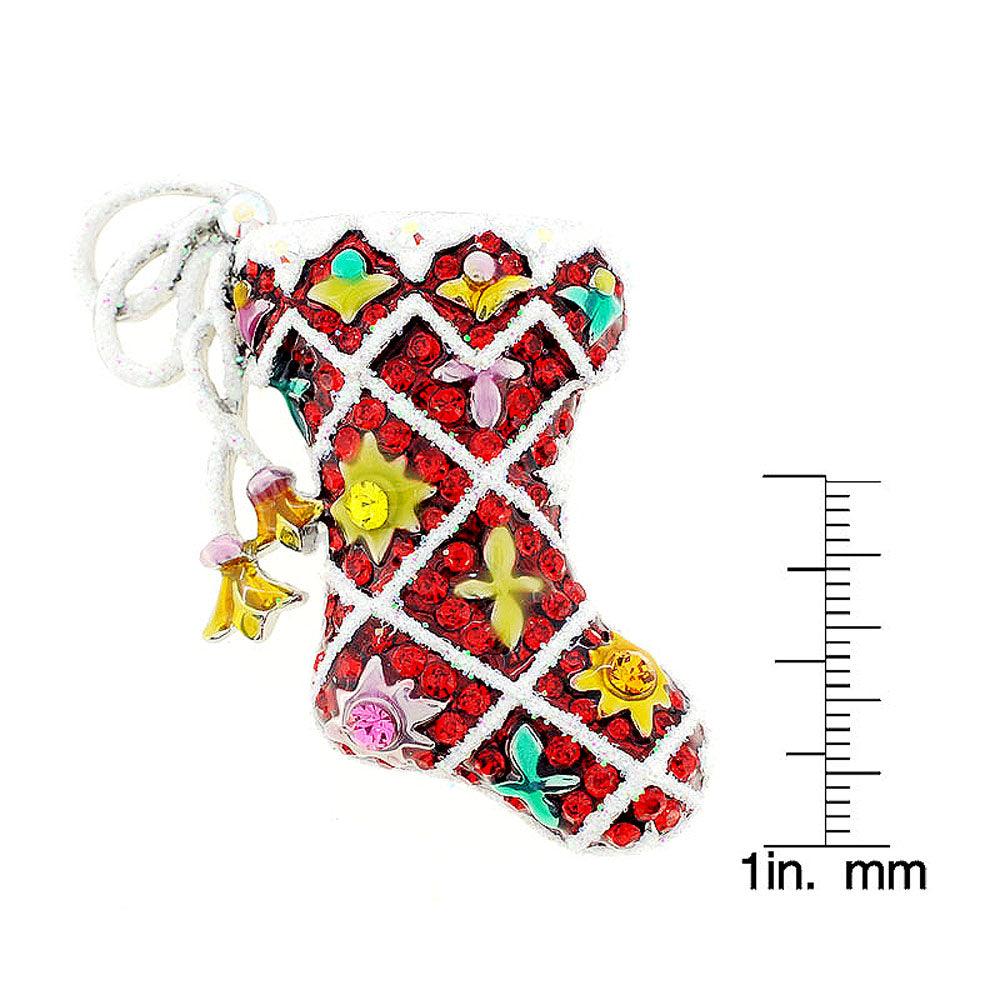 Red Sparkle Christmas Stocking Swarovski Crystal Brooch Pin
