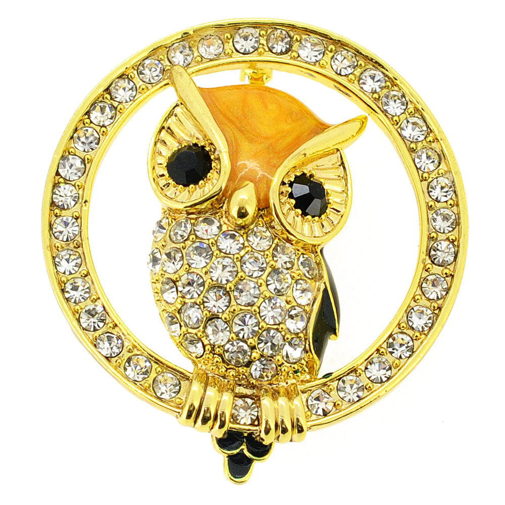 Golden Crystal Owl Bird Pin Brooch