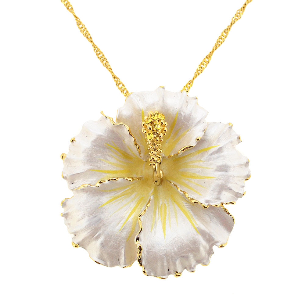 White Hawaiian Hibiscus Flower Swarovski Crystal Brooch and Pendant