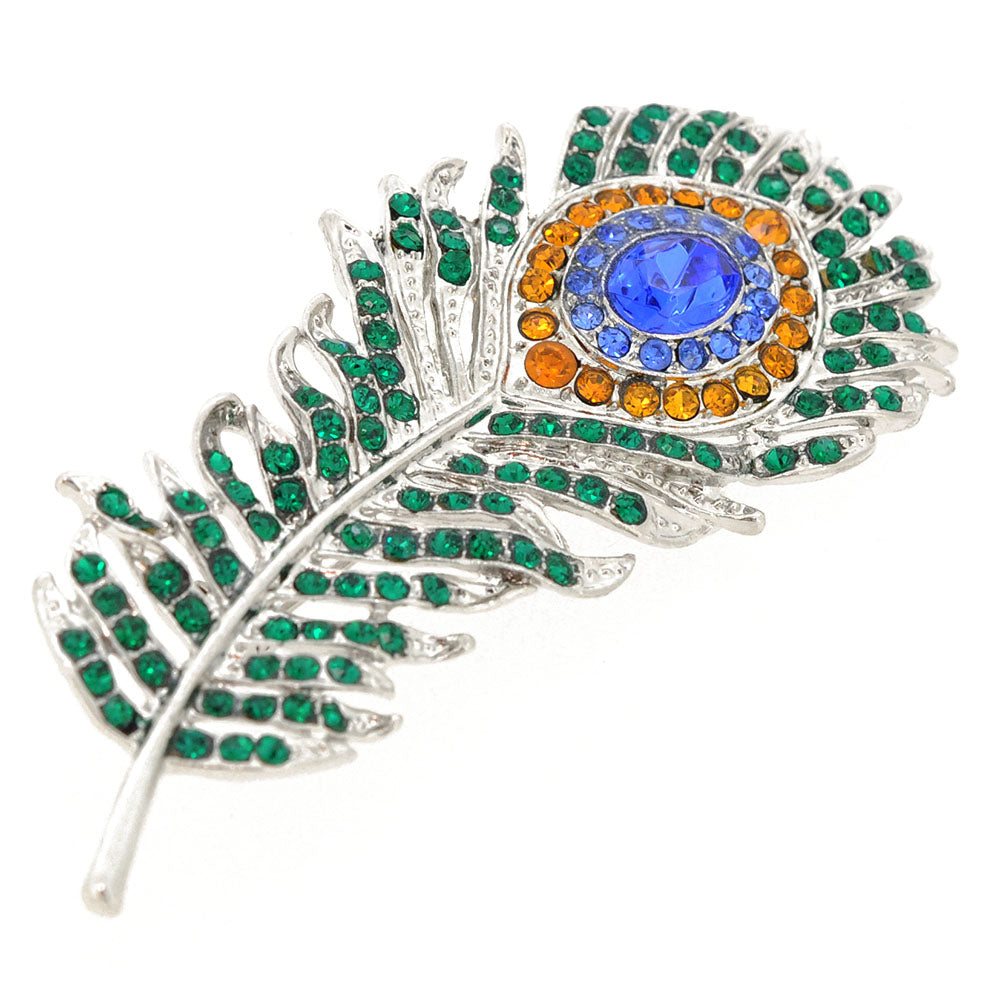 Green Eye Peacock Feather Crystal Pin Brooch