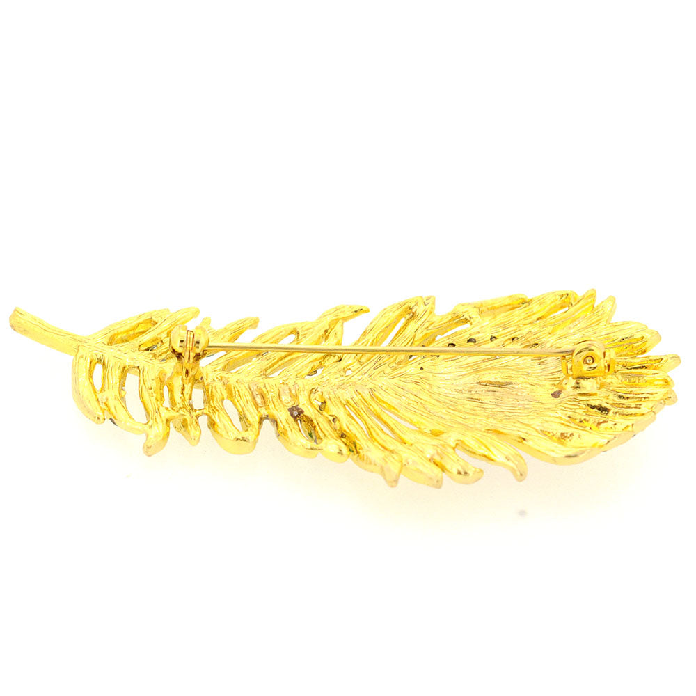 Green Golden Peacock Feather Emerald Crystal Pin Brooch