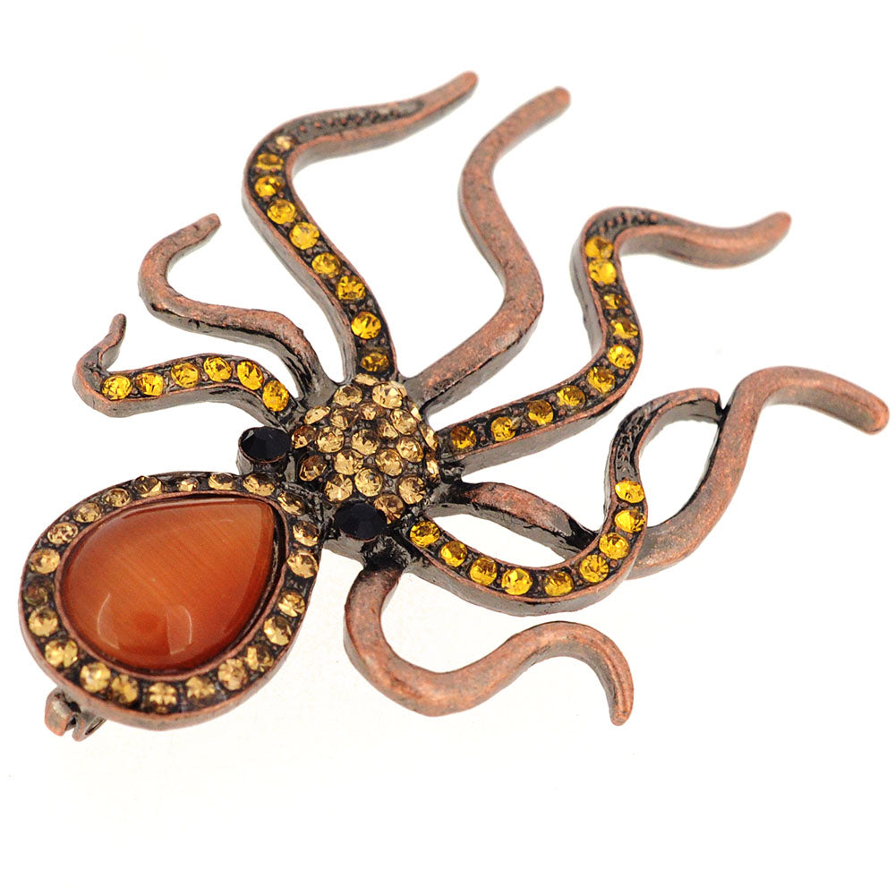 Vintage Style Topaz Brown Octopus Crystal Pin Brooch