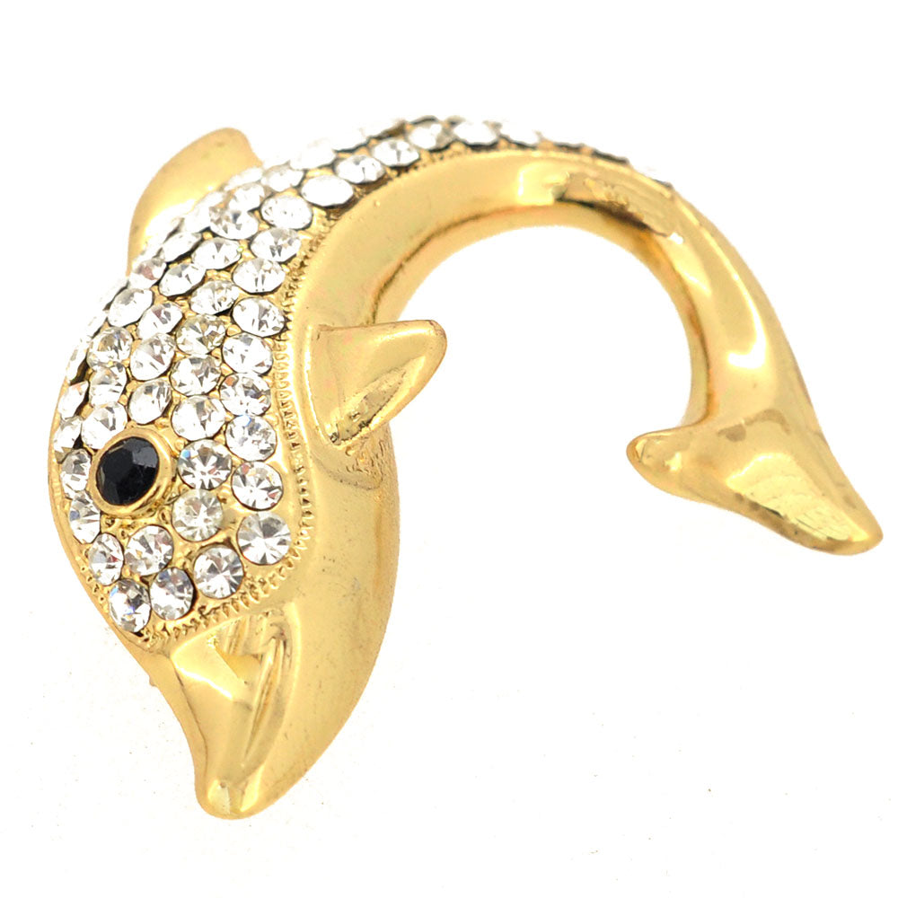 Golden Crystal Dolphin Pin Brooch