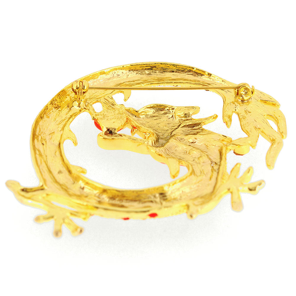Golden Chinese Dragon Crystal Pin Brooch