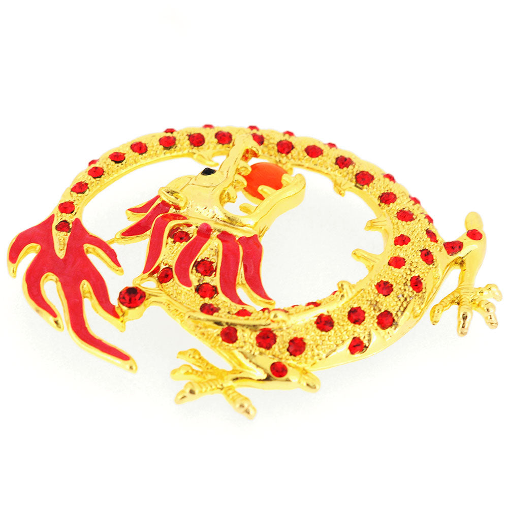 Golden Chinese Dragon Crystal Pin Brooch