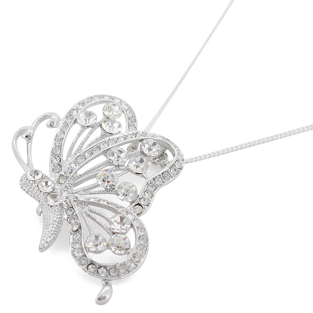 Chrome Flying Butterfly Crystal Brooch and Pendant