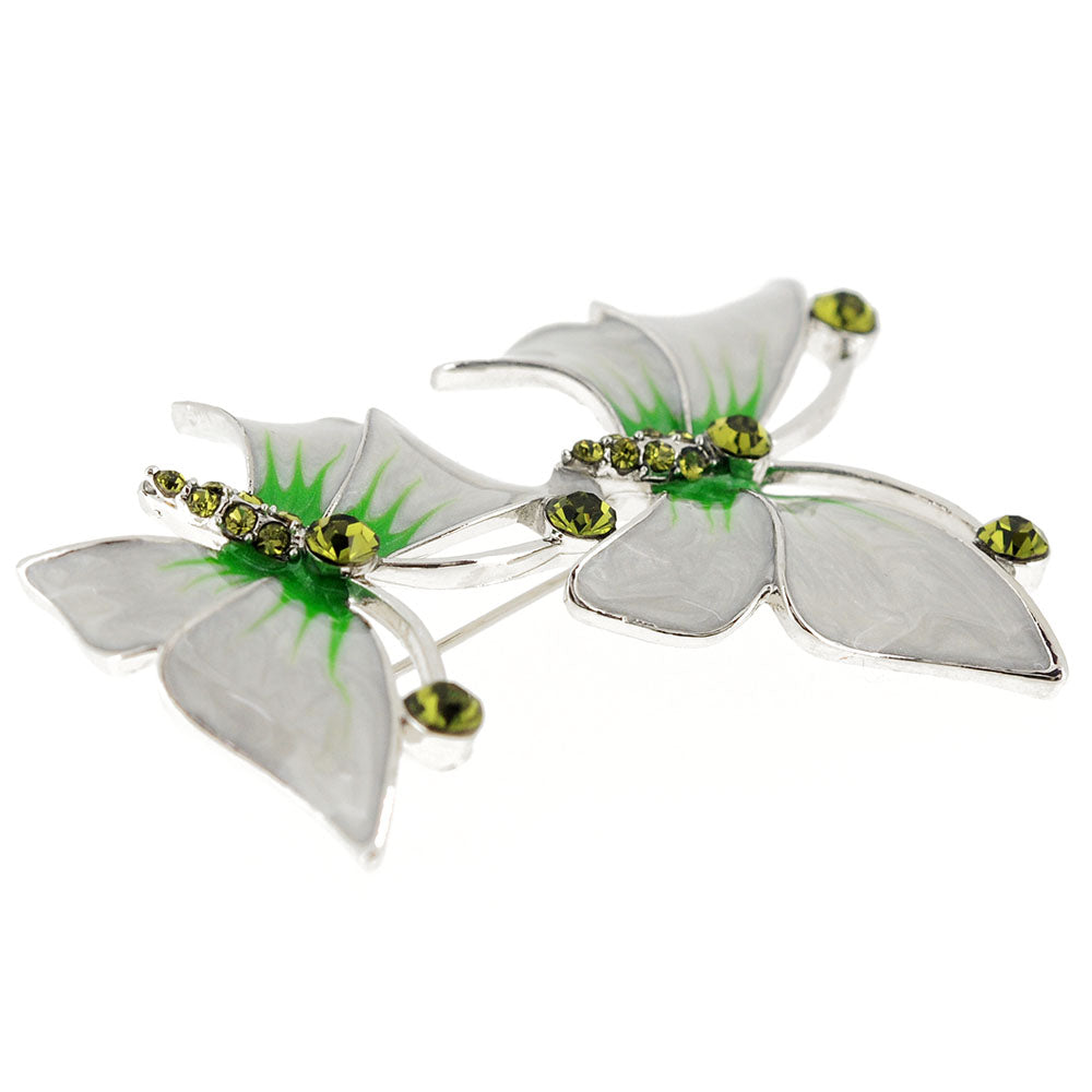 White & Green Butterfly Couple Crystal Pin Brooch