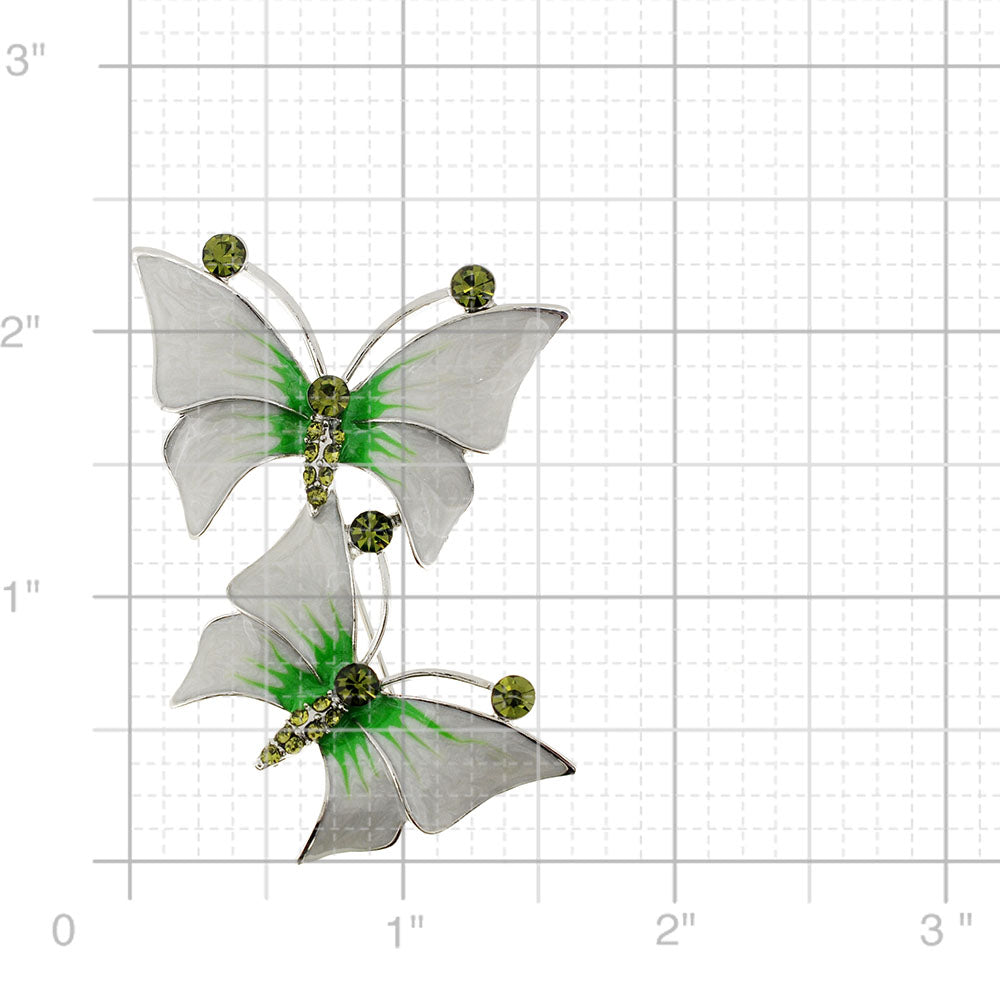 White & Green Butterfly Couple Crystal Pin Brooch
